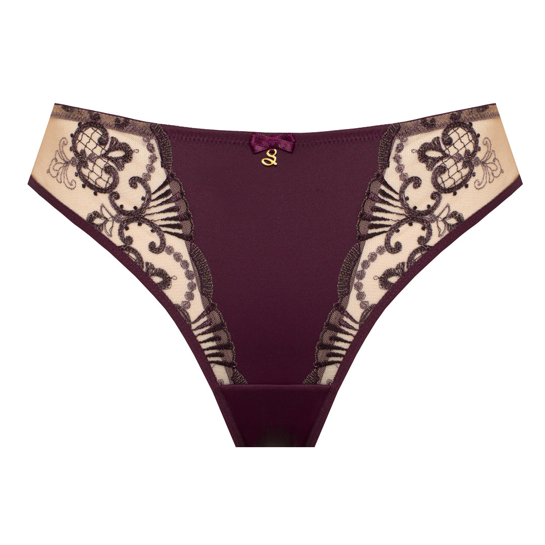 Samanta Perla Aubergine Sheer Mesh Tulle Embroidered Tanga Panty — view 4