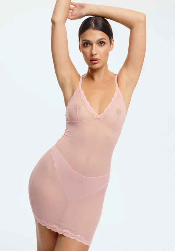 Blush Lotus Rosewater Sheer Mesh Lace Trim Slip Dress — view 5