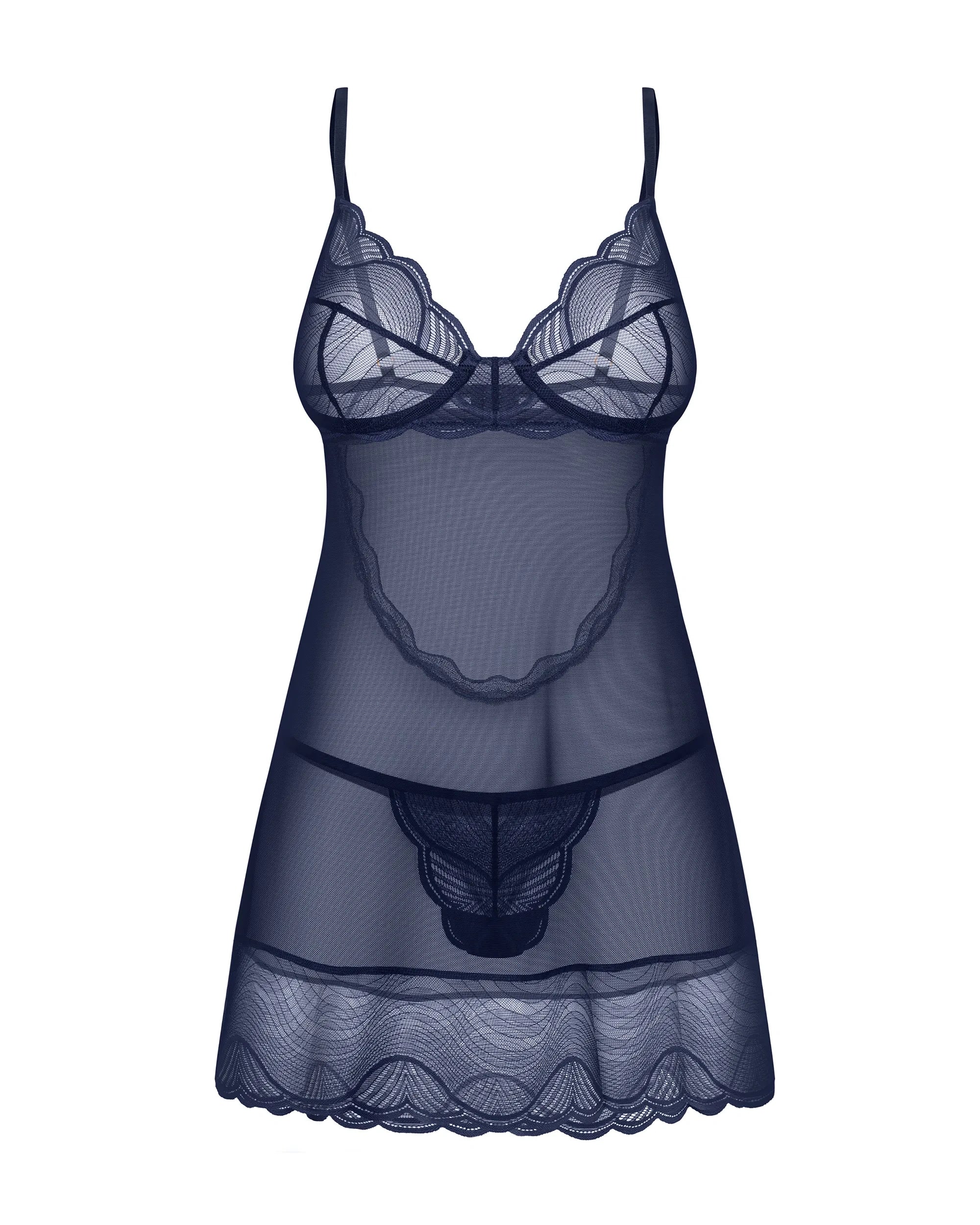 Obsessive Nightly Blue Sheer Mesh Chemise Thong Set — view 5