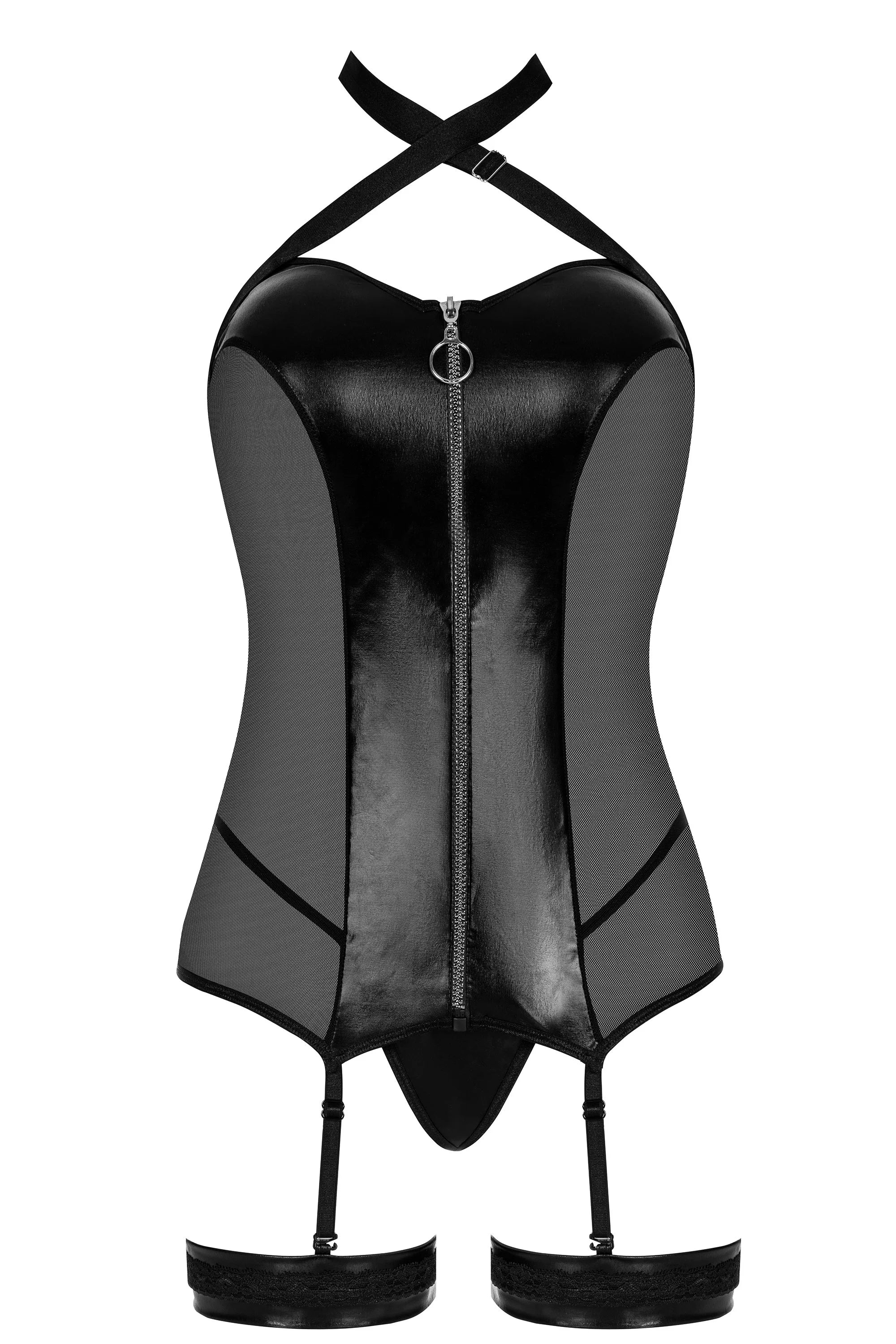 Beauty Night Elegant Zip-Front Wetlook & Mesh Garter Corset Lingerie Set — view 4