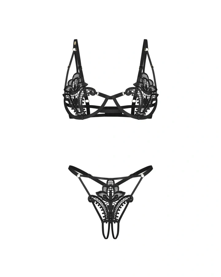 Obsessive Luise Sublim Black Lace Cut-Out Bra & Crotchless Thong Set — view 5