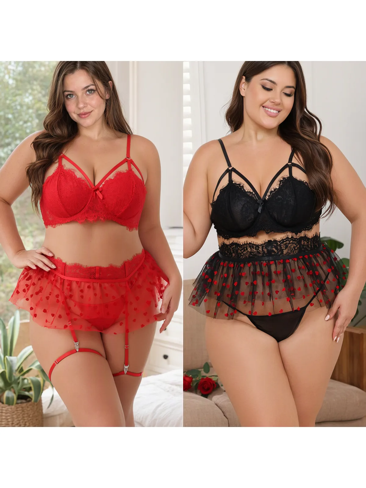 Plus Size Black Red Lace Mesh Sheer Three Piece Lingerie Set — view 6